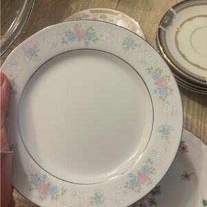 Elegance Floral Salad Plate - White with Pink & Blue Roses